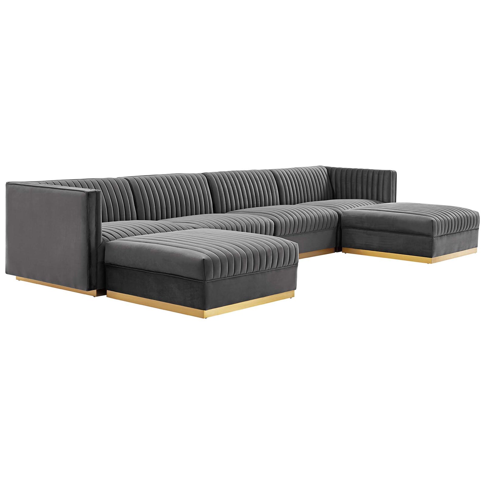 Gray performance velvet sectional sofa showcasing its generous seating, channel tufting, and gold base detail. || EEI-5841-GRY || front_angle_studio