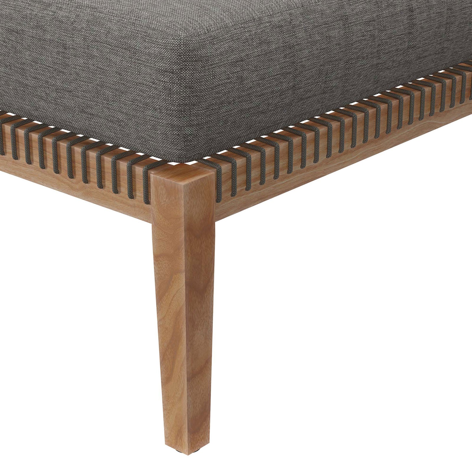 Plush graphite cushion and tightly woven rope support on the teak ottoman frame || EEI-5854-GRY-GPH || detail_studio