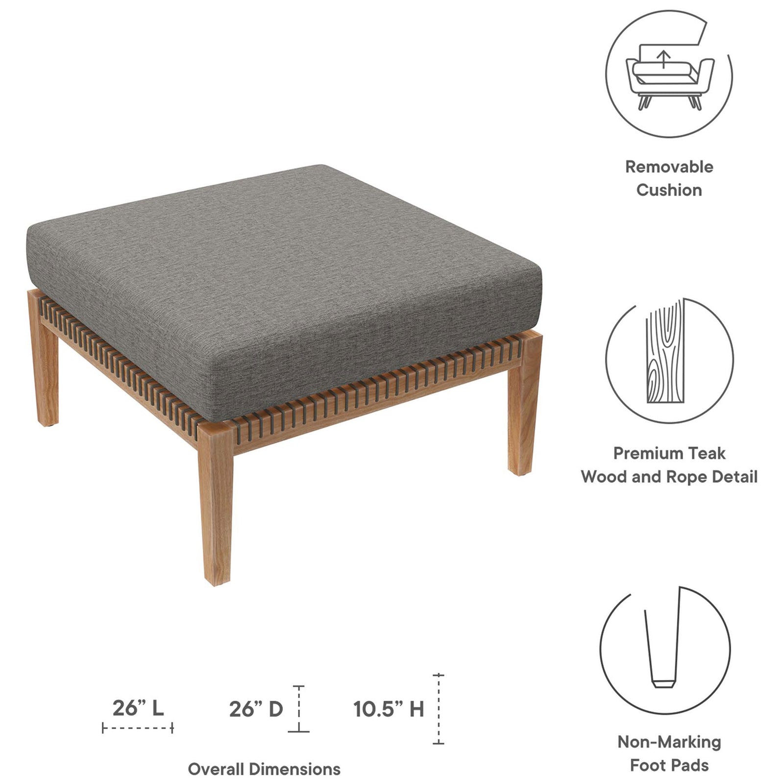 Graphite cushion teak ottoman with callouts for removable cushion, premium teak, and non-marking feet || EEI-5854-GRY-GPH || dimension_studio