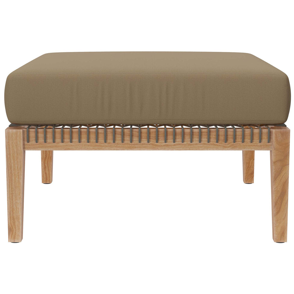 Light brown cushioned ottoman with clean lined teak frame and rope accent || EEI-5854-GRY-LBR || front_studio