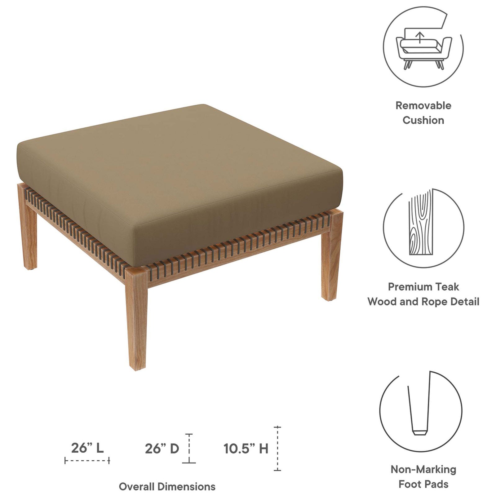 Light brown cushion teak ottoman shown with dimensions and icons for premium teak and soft foot pads || EEI-5854-GRY-LBR || dimension_studio