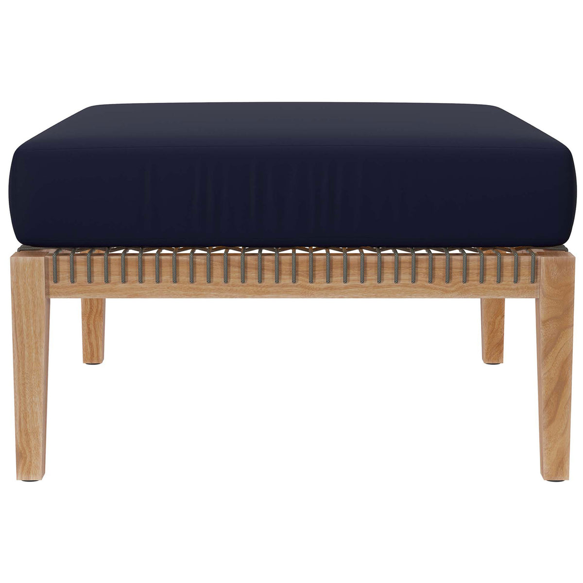 Navy blue cushioned ottoman with solid teak frame and wrapped rope detail || EEI-5854-GRY-NAV || front_studio
