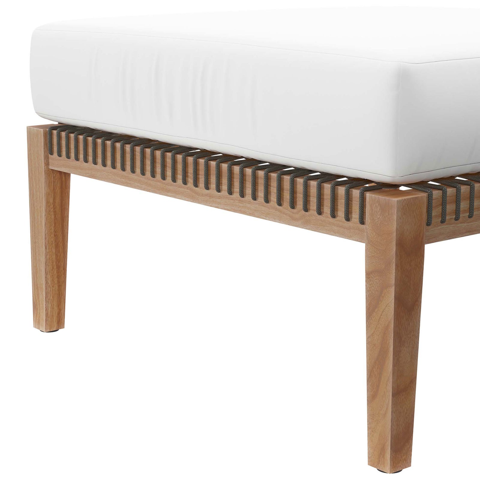 Slim teak legs and rope grid support beneath the bright white cushion || EEI-5854-GRY-WHI || leg_studio