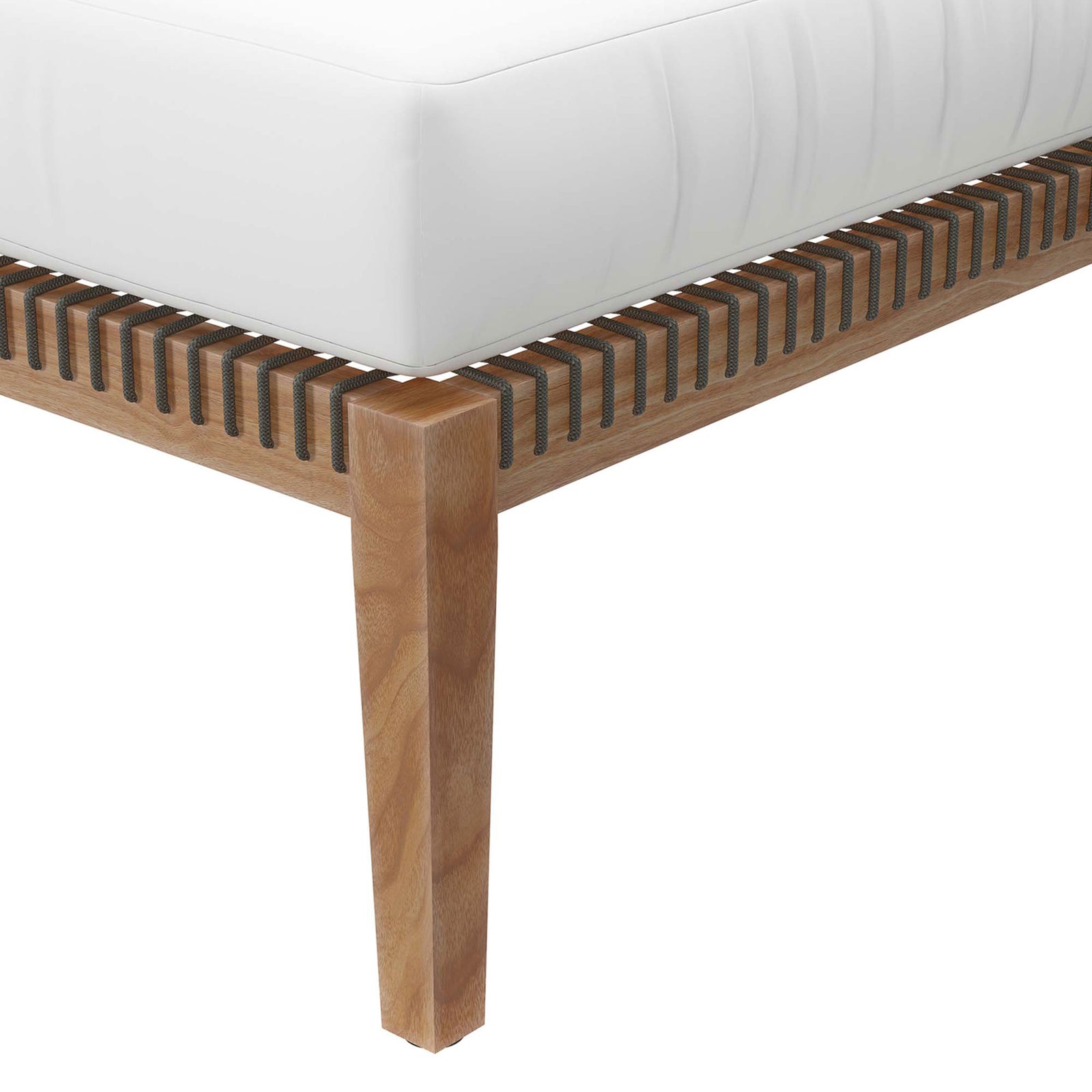 Smooth white cushion sitting over the woven rope deck of the teak ottoman || EEI-5854-GRY-WHI || detail_studio