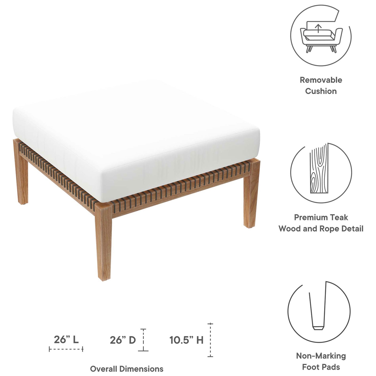 White cushion teak ottoman with dimension graphic and icons for removable cushion and foot pads || EEI-5854-GRY-WHI || dimension_studio