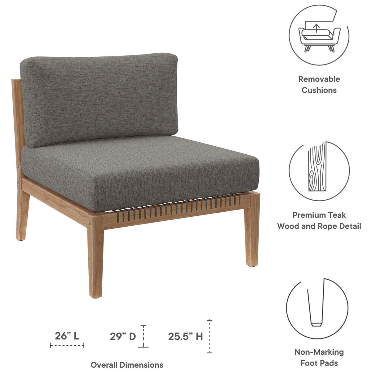 Feature graphic for gray graphite armless chair with removable cushions, teak base, and foot pads || EEI-5856-GRY-GPH || callout_studio