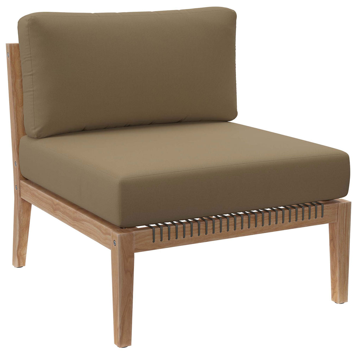 Light brown outdoor armless chair with plush cushions and warm teak frame for modern patios || EEI-5856-GRY-LBR || front_angle_studio