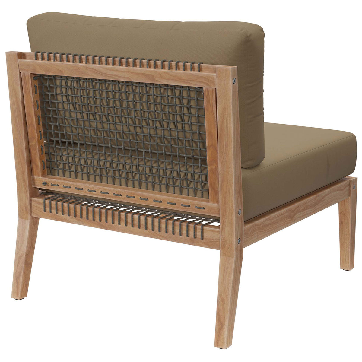 Light brown armless chair showcasing woven rope back panel and airy teak framing || EEI-5856-GRY-LBR || back_angle_studio
