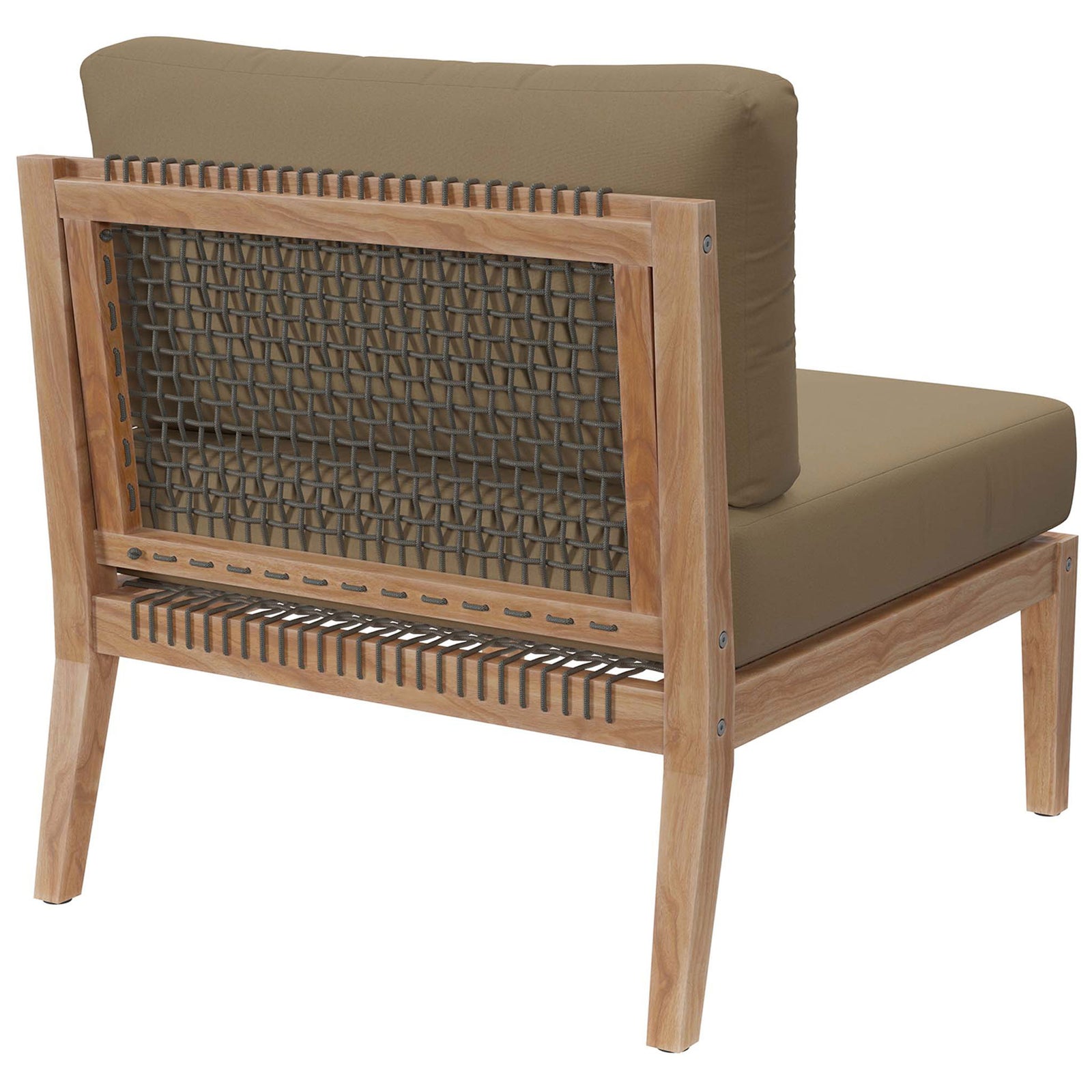 Light brown armless chair showcasing woven rope back panel and airy teak framing || EEI-5856-GRY-LBR || back_angle_studio