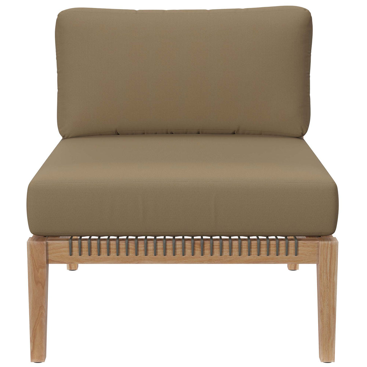 Light brown cushioned teak armless chair offering supportive comfort for outdoor lounging || EEI-5856-GRY-LBR || front_studio