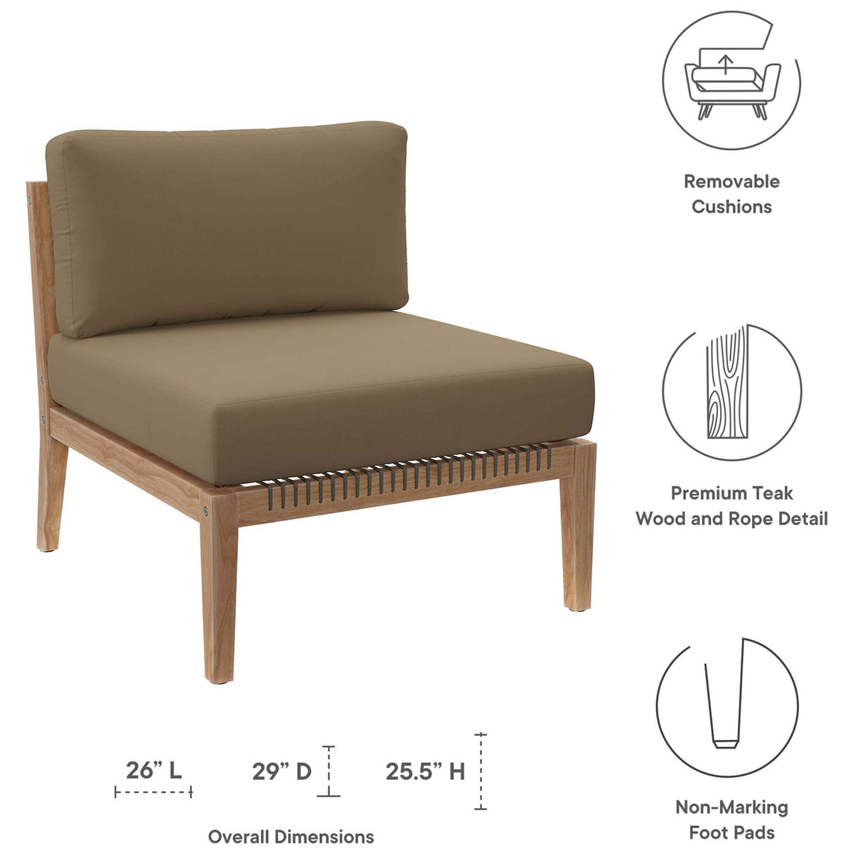 Feature graphic for light brown armless chair with removable cushions, teak base, and non marking feet || EEI-5856-GRY-LBR || callout_studio