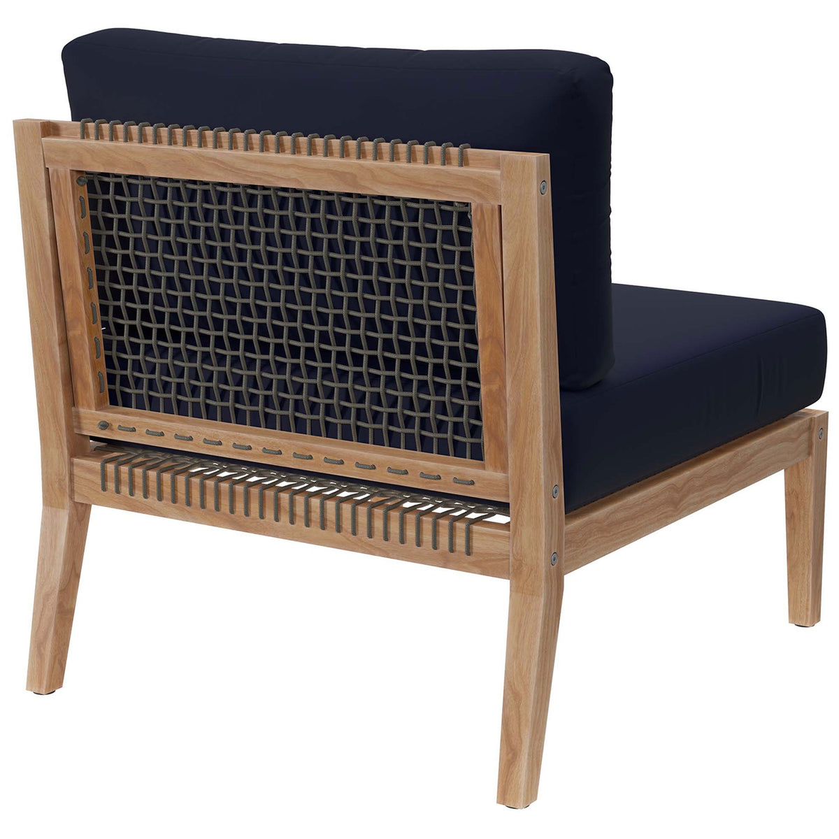 Navy armless chair featuring open rope backrest framed by warm teak wood || EEI-5856-GRY-NAV || back_angle_studio