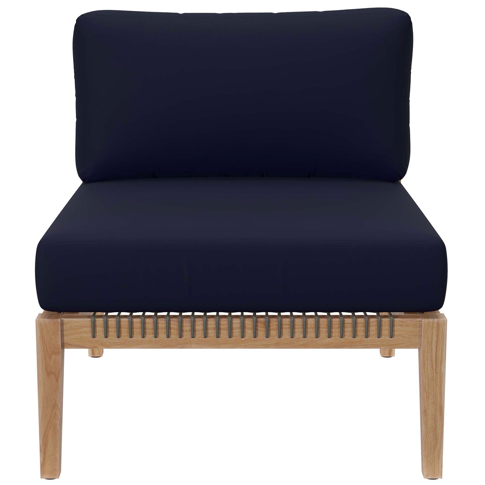 Navy cushioned teak armless chair bringing crisp contrast and plush comfort to outdoor spaces || EEI-5856-GRY-NAV || front_studio