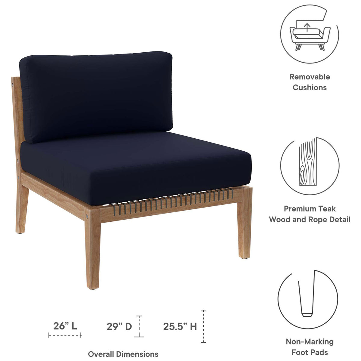 Feature graphic for navy armless chair with removable cushions, teak frame, and non marking pads || EEI-5856-GRY-NAV || callout_studio