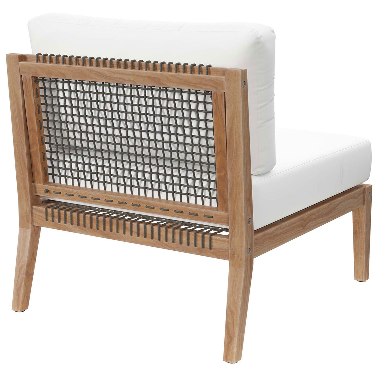 White armless chair showcasing woven rope backrest framed in warm teak wood || EEI-5856-GRY-WHI || back_angle_studio