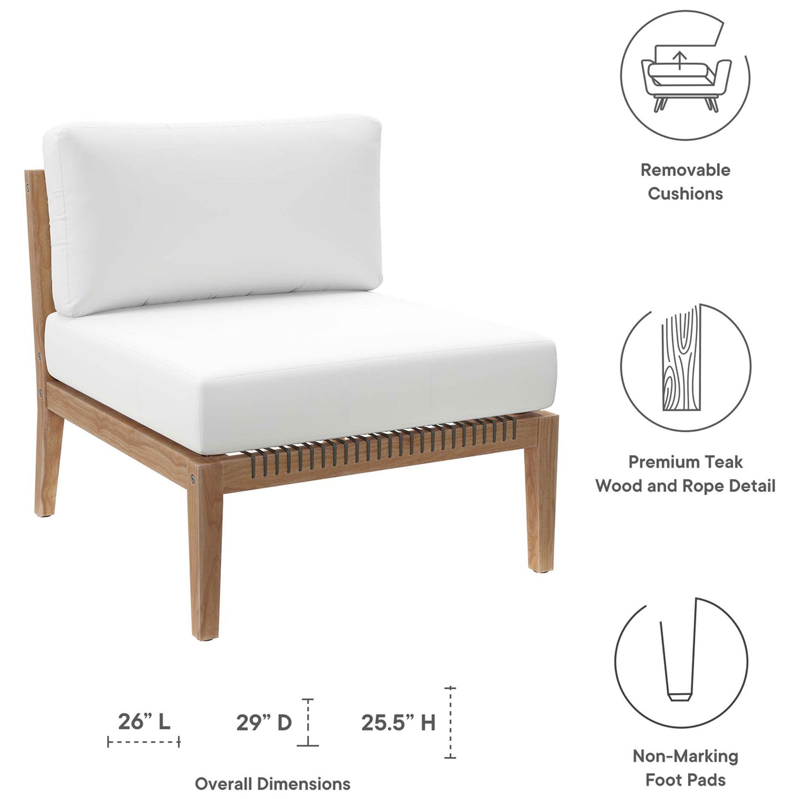 Feature graphic for white armless chair with removable cushions, teak base, and non marking foot pads || EEI-5856-GRY-WHI || callout_studio
