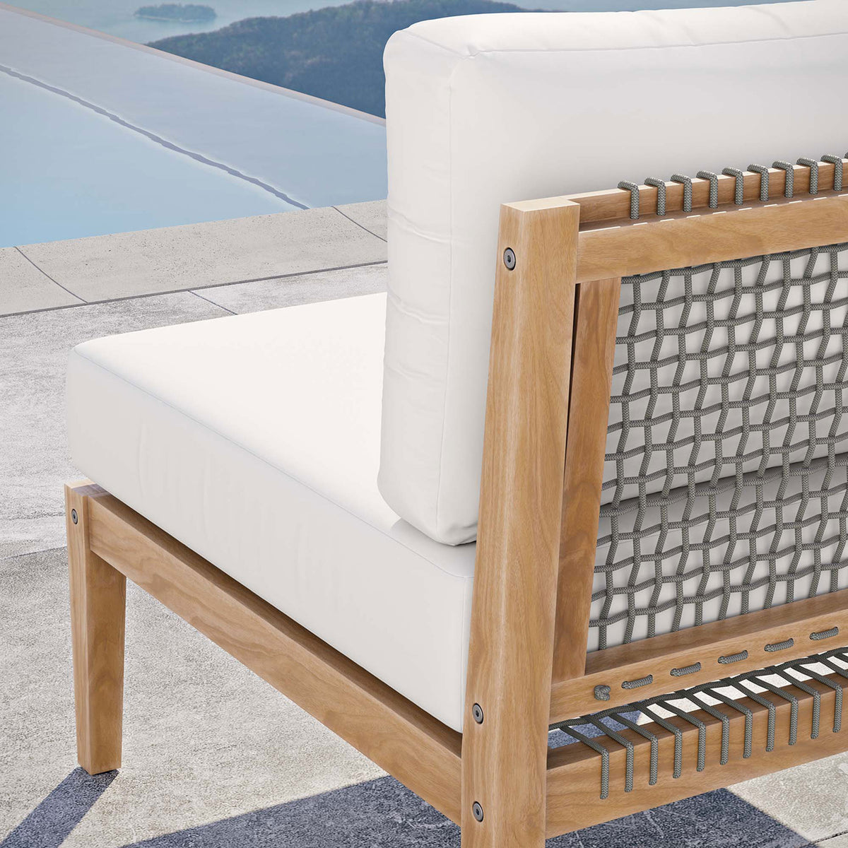 White cushion and rope back detail on teak frame bringing bright contrast beside the water || EEI-5856-GRY-WHI || detail_room