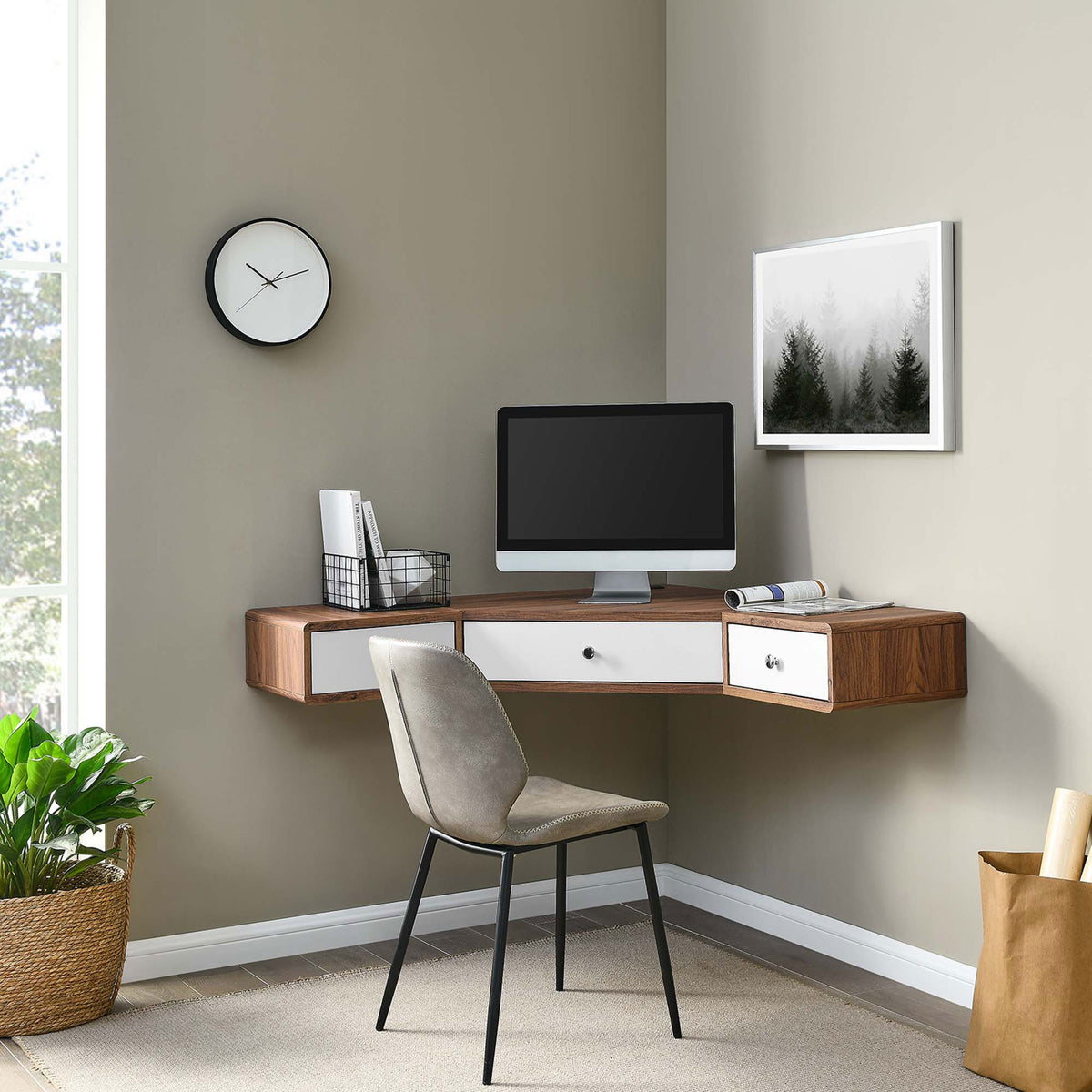 Clean, floating silhouette elevates any corner workspace || EEI-5862-WAL-WHI || front_angle_room