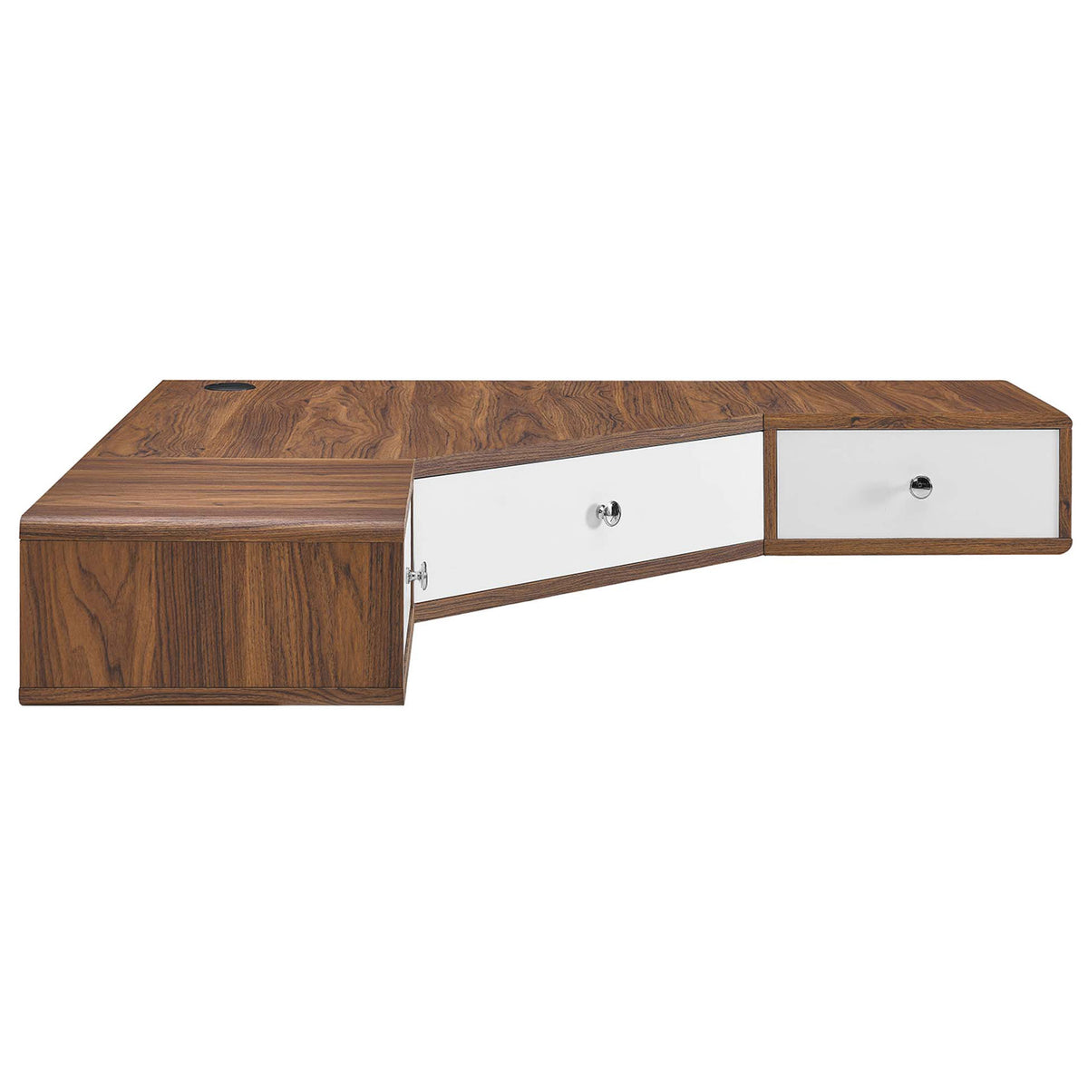 Wall-mounted corner desk in walnut with white drawers and chrome knobs || EEI-5862-WAL-WHI || side_studio