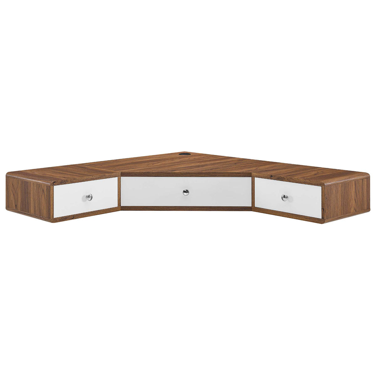 Space-saving corner desk with walnut wood grain, white drawers, and chrome knobs || EEI-5862-WAL-WHI || front_angle_studio