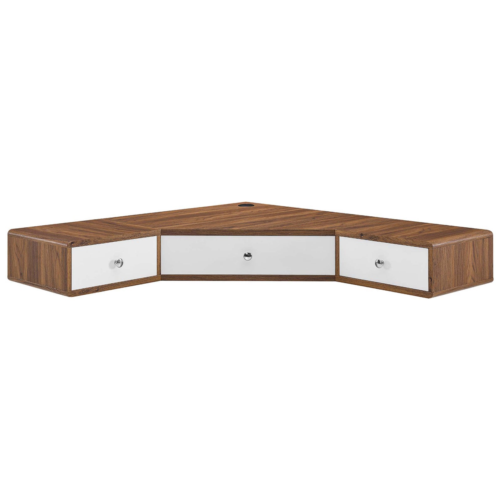 Space-saving corner desk with walnut wood grain, white drawers, and chrome knobs || EEI-5862-WAL-WHI || front_angle_studio