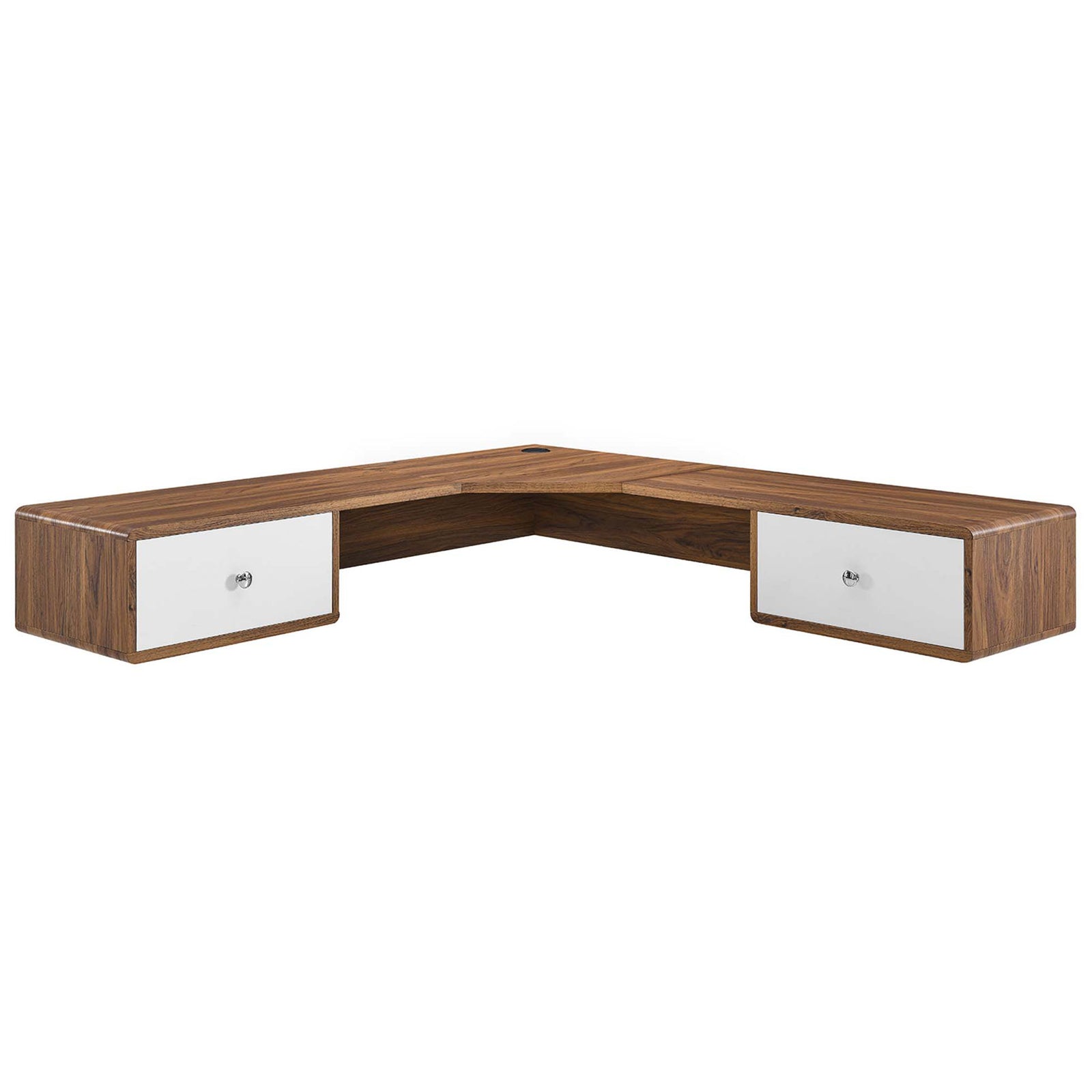 Floating L-shaped desk with walnut wood grain, dual white drawers, and a tidy cable grommet || EEI-5863-WAL-WHI || front_angle_studio