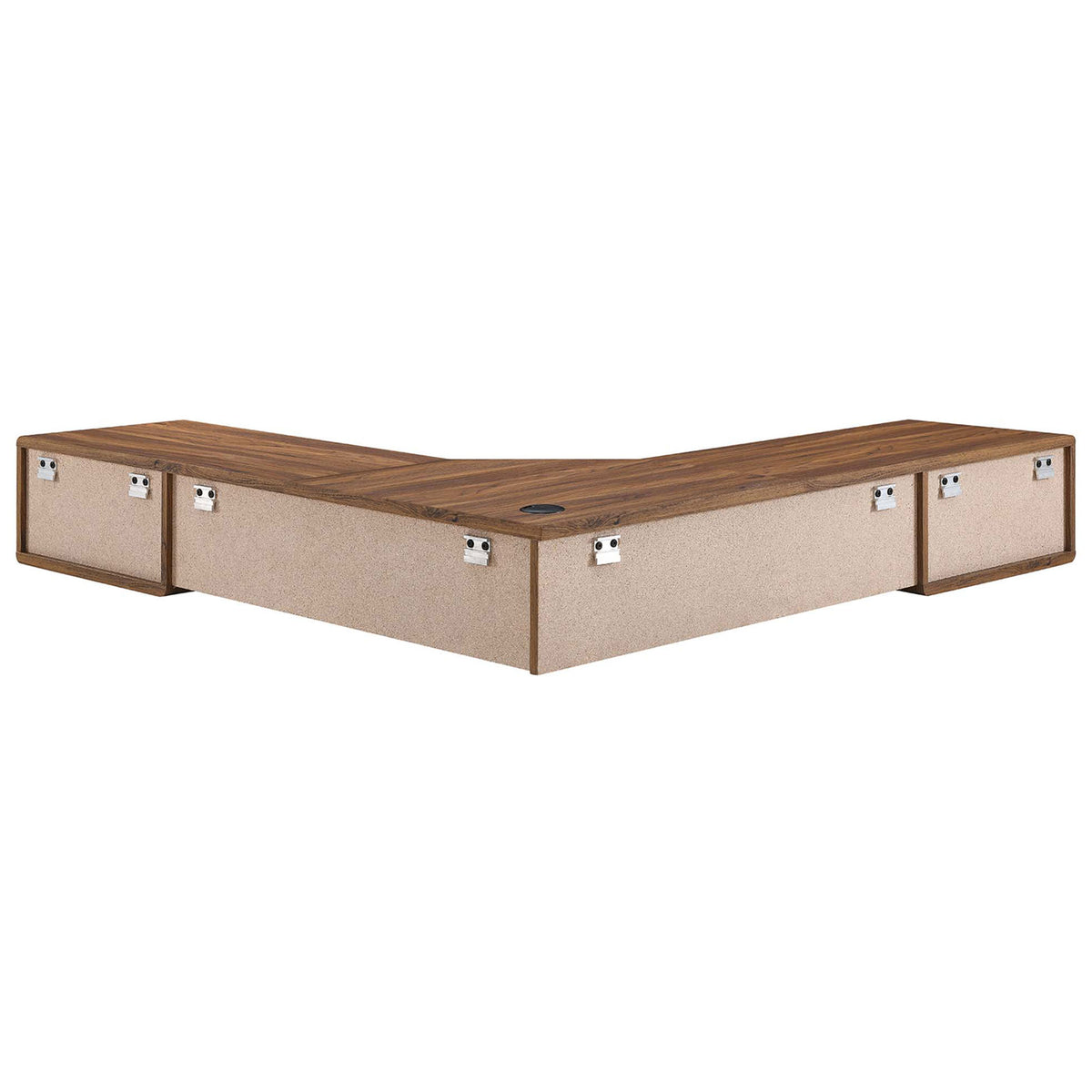 Rear view reveals wall-mount brackets and finished wood grain on the corner desk's back panels || EEI-5863-WAL-WHI || back_angle_studio