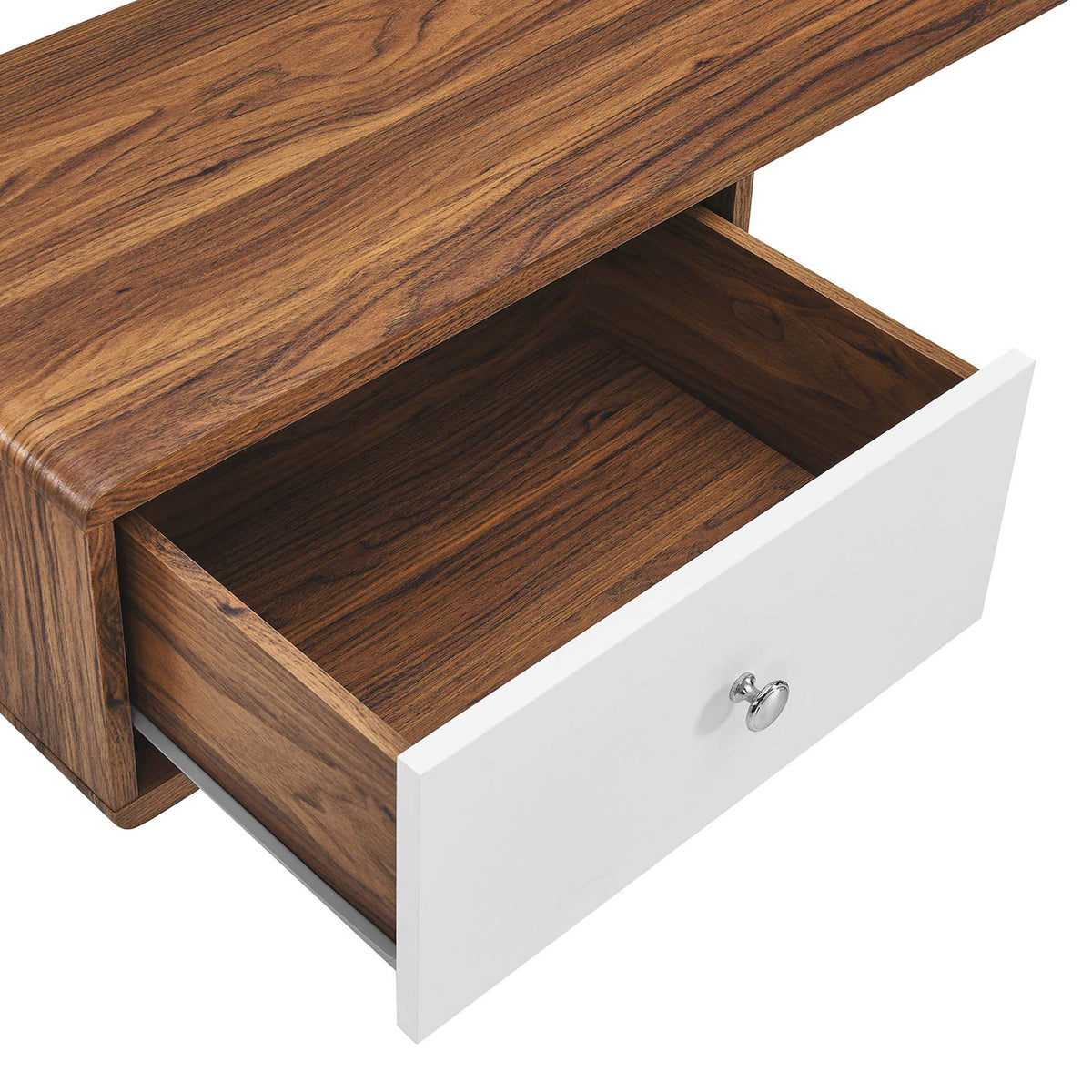 Full-extension drawer glides open to reveal roomy storage with smooth walnut grain interior || EEI-5863-WAL-WHI || storage_open_studio