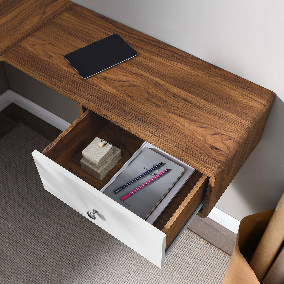 Open drawer neatly stores stationery inside the floating corner desk || EEI-5863-WAL-WHI || storage_open_room