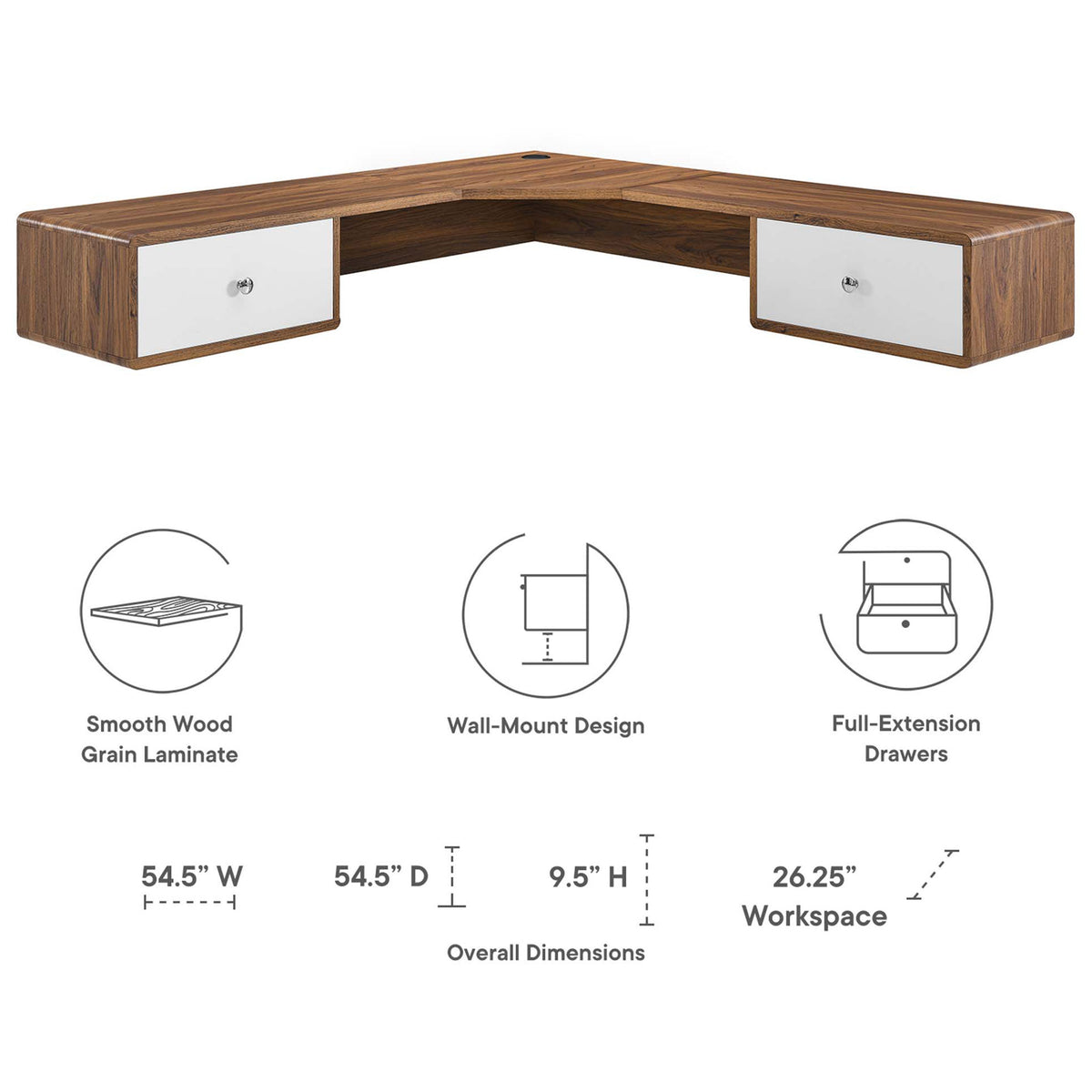Feature graphic highlights smooth wood grain, wall-mount design, full-extension drawers, and dimensions || EEI-5863-WAL-WHI || dimension_studio