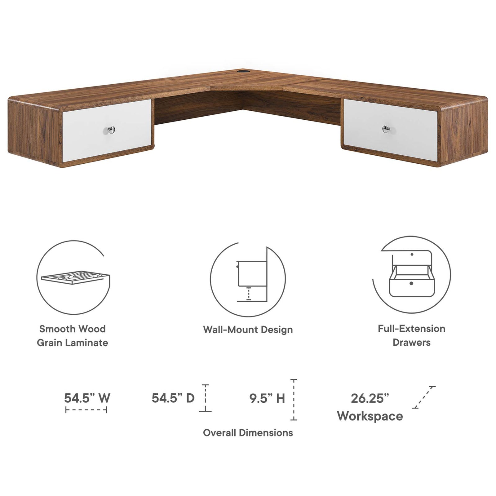 Feature graphic highlights smooth wood grain, wall-mount design, full-extension drawers, and dimensions || EEI-5863-WAL-WHI || dimension_studio