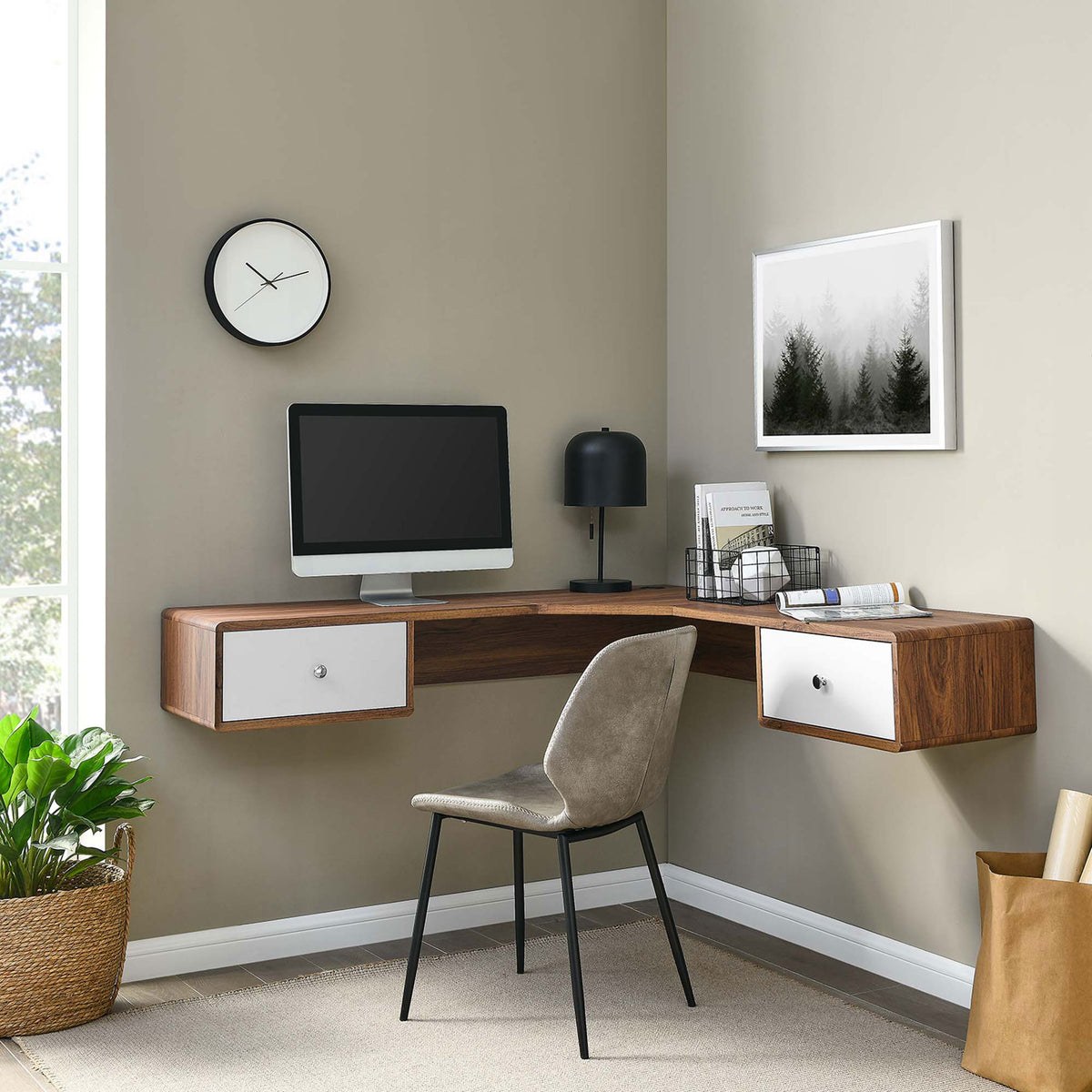 Walnut and white corner desk creates a clean, modern workspace with generous surface area || EEI-5863-WAL-WHI || front_angle_room
