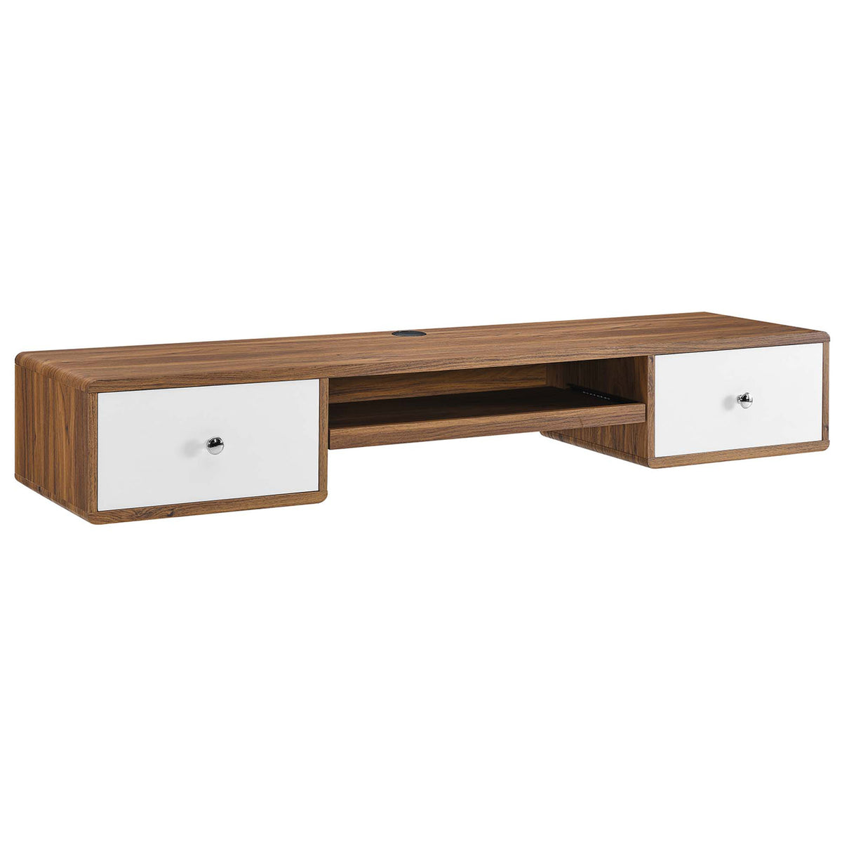 Mid-century wall-mount desk in walnut with sleek white drawer fronts and chrome knobs || EEI-5864-WAL-WHI || front_angle_studio