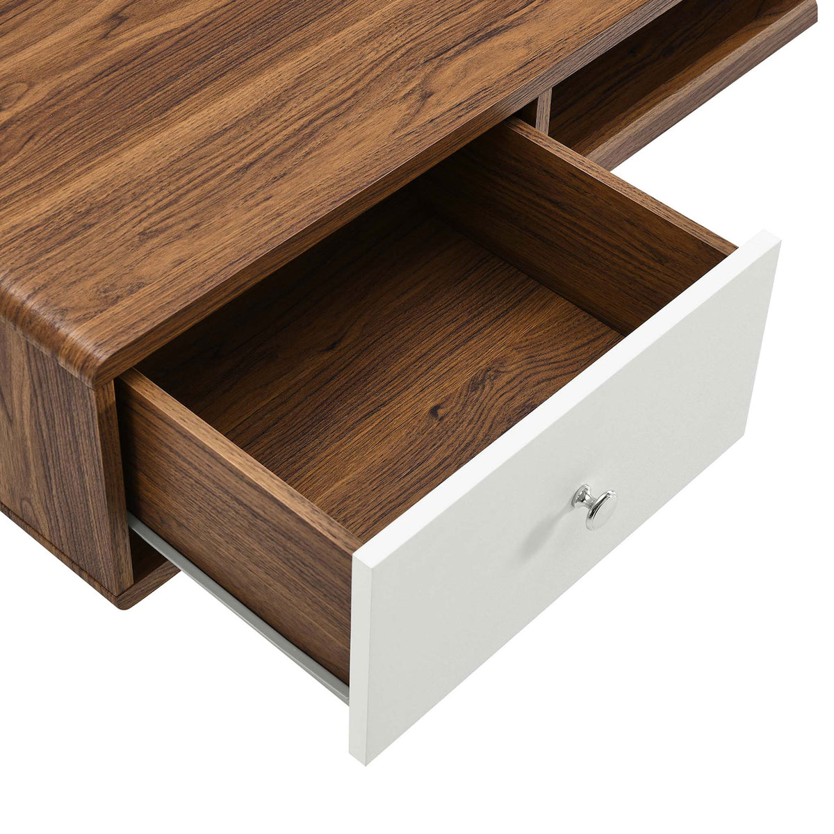 Full-extension drawer glides smoothly to reveal generous storage for office essentials || EEI-5864-WAL-WHI || storage_open_studio