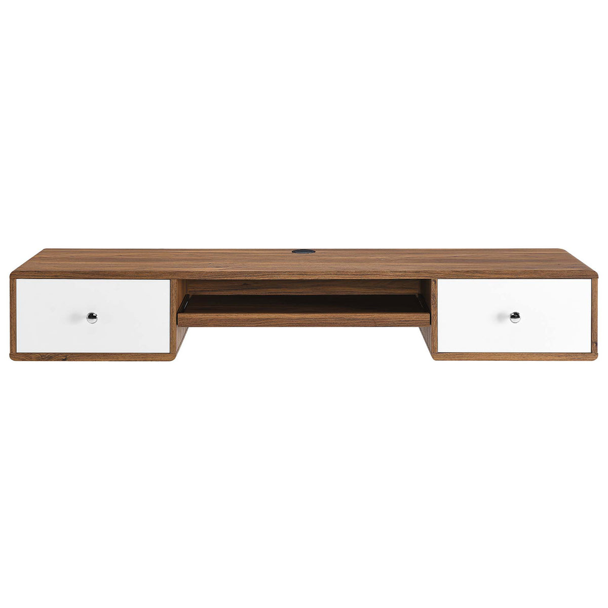 Wall-mounted walnut desk with two white drawers, open shelf, and cable grommet for tidy setups || EEI-5864-WAL-WHI || front_studio