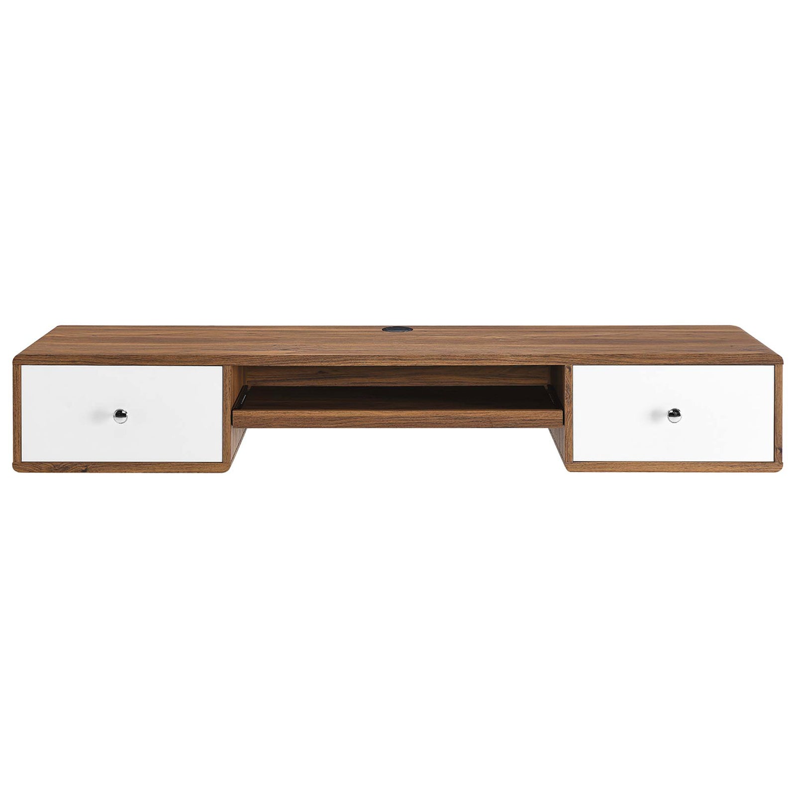 Wall-mounted walnut desk with two white drawers, open shelf, and cable grommet for tidy setups || EEI-5864-WAL-WHI || front_studio