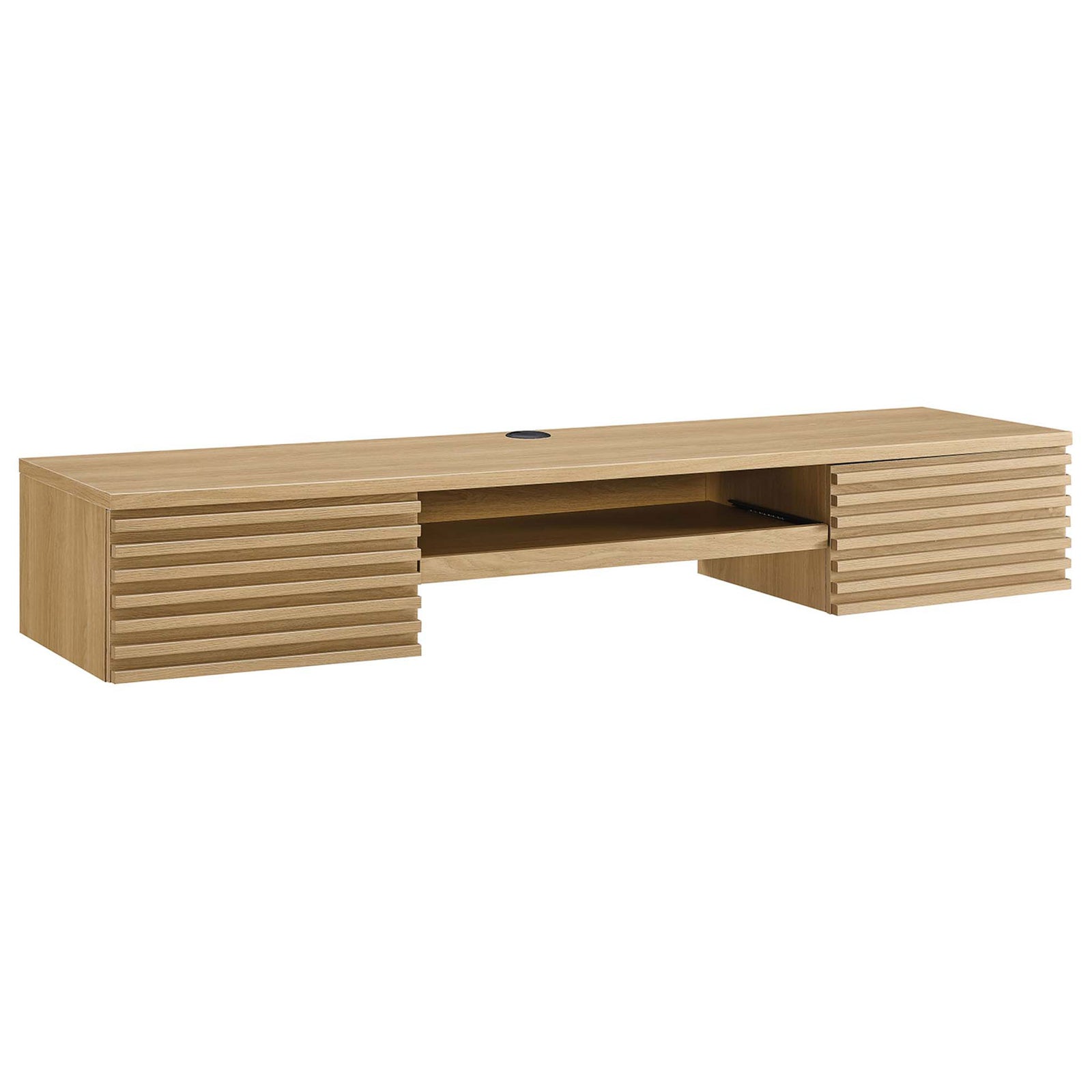 Oak wall-mount desk with slatted drawers, open shelf, and cable grommet for streamlined workspaces. || EEI-5865-OAK || front_angle_studio