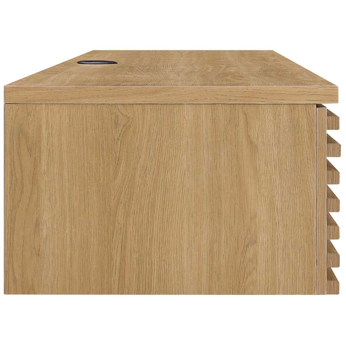 Slim oak profile showcases clean lines and wood grain, ideal for compact wall-mounted setups. || EEI-5865-OAK || side_studio