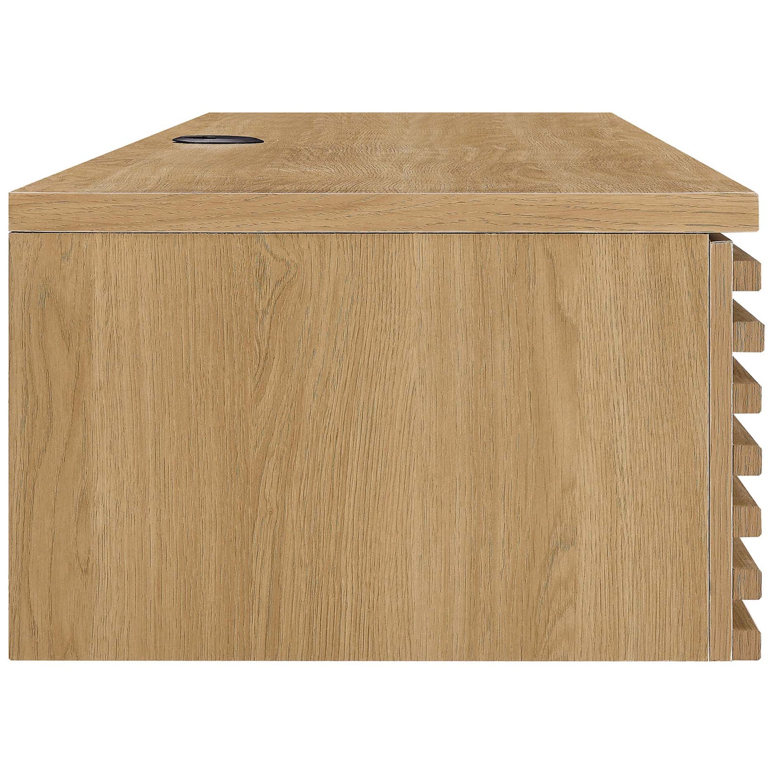 Slim oak profile showcases clean lines and wood grain, ideal for compact wall-mounted setups. || EEI-5865-OAK || side_studio