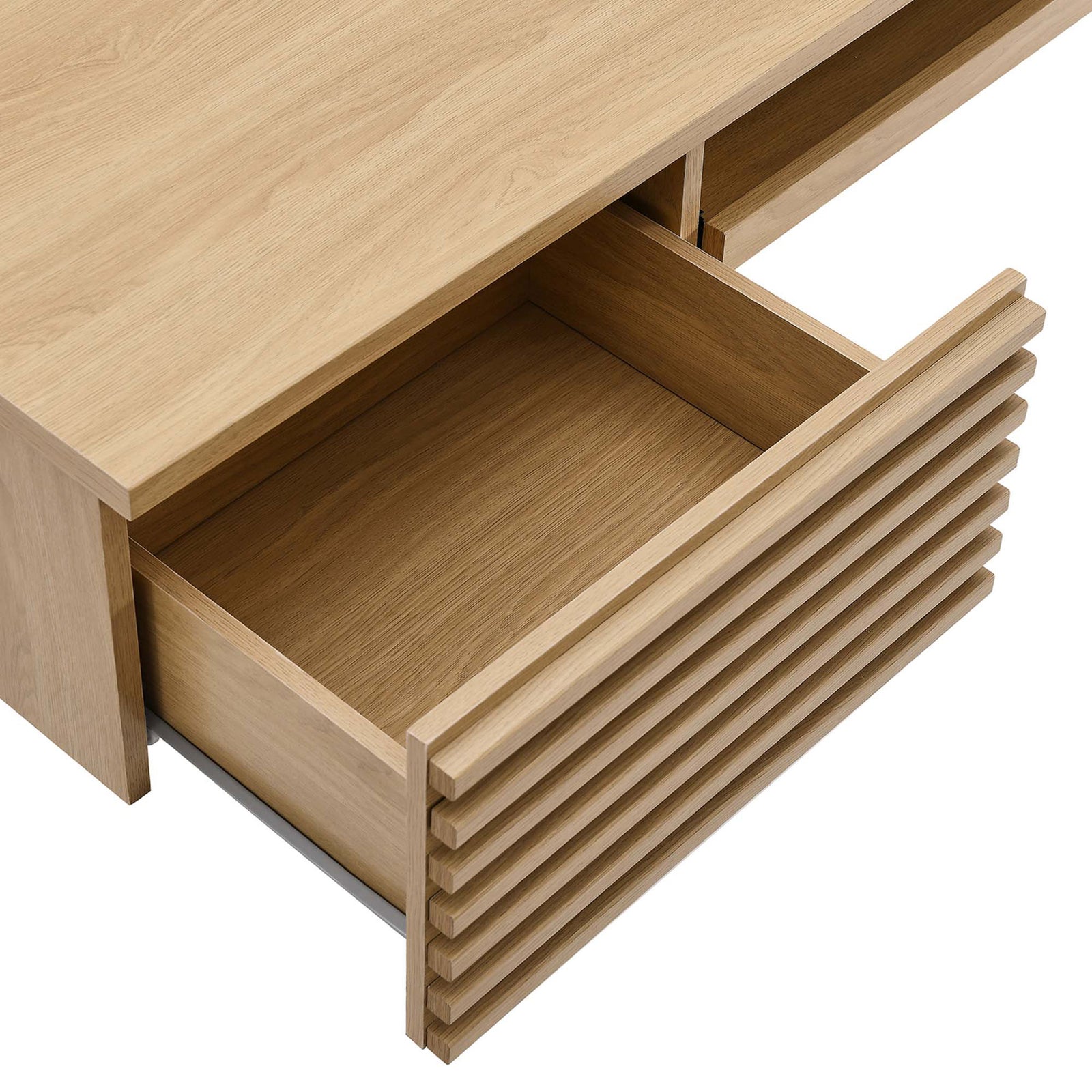 Full-extension drawer with ribbed front reveals generous storage for office essentials. || EEI-5865-OAK || storage_open_studio