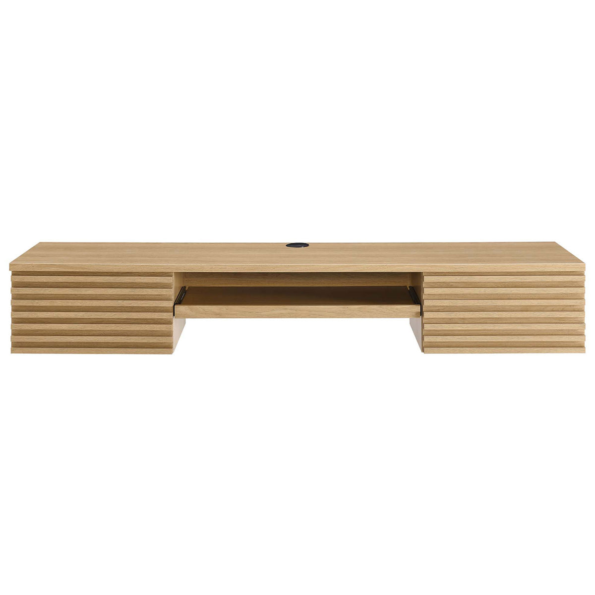 Mid-century oak desk with ribbed drawer fronts and central shelf for everyday organization. || EEI-5865-OAK || front_studio