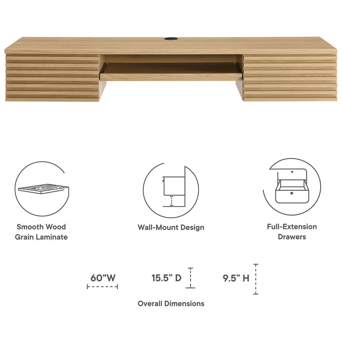 Feature highlights and overall dimensions for this streamlined, wall-mounted office desk. || EEI-5865-OAK || dimension_studio
