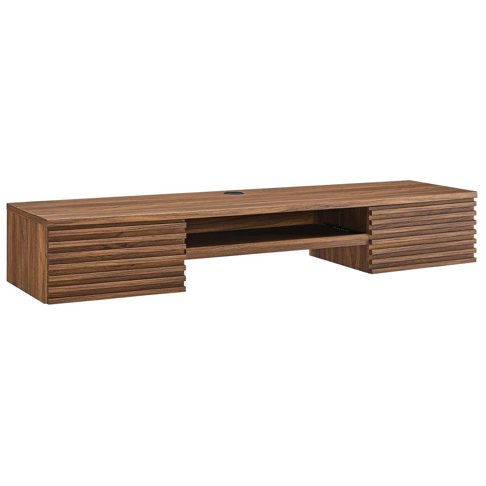 Streamlined wall-mounted office desk in walnut laminate with dual drawers and center shelf. || EEI-5865-WAL || front_angle_studio