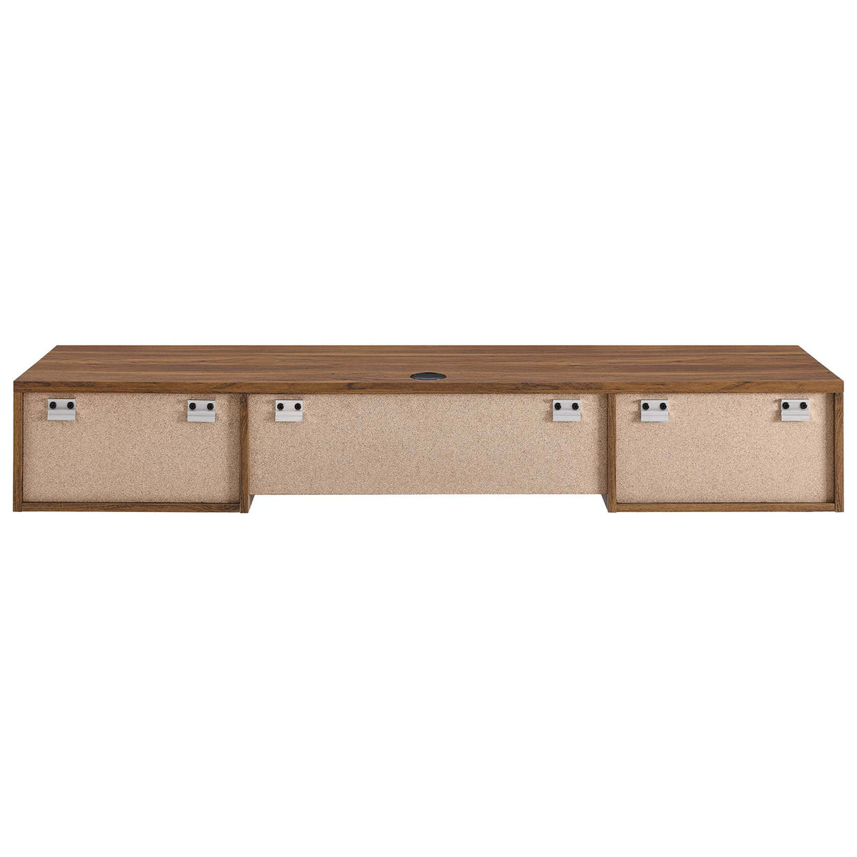 Sturdy back panel with integrated wall-mount brackets and centered cable grommet. || EEI-5865-WAL || back_studio