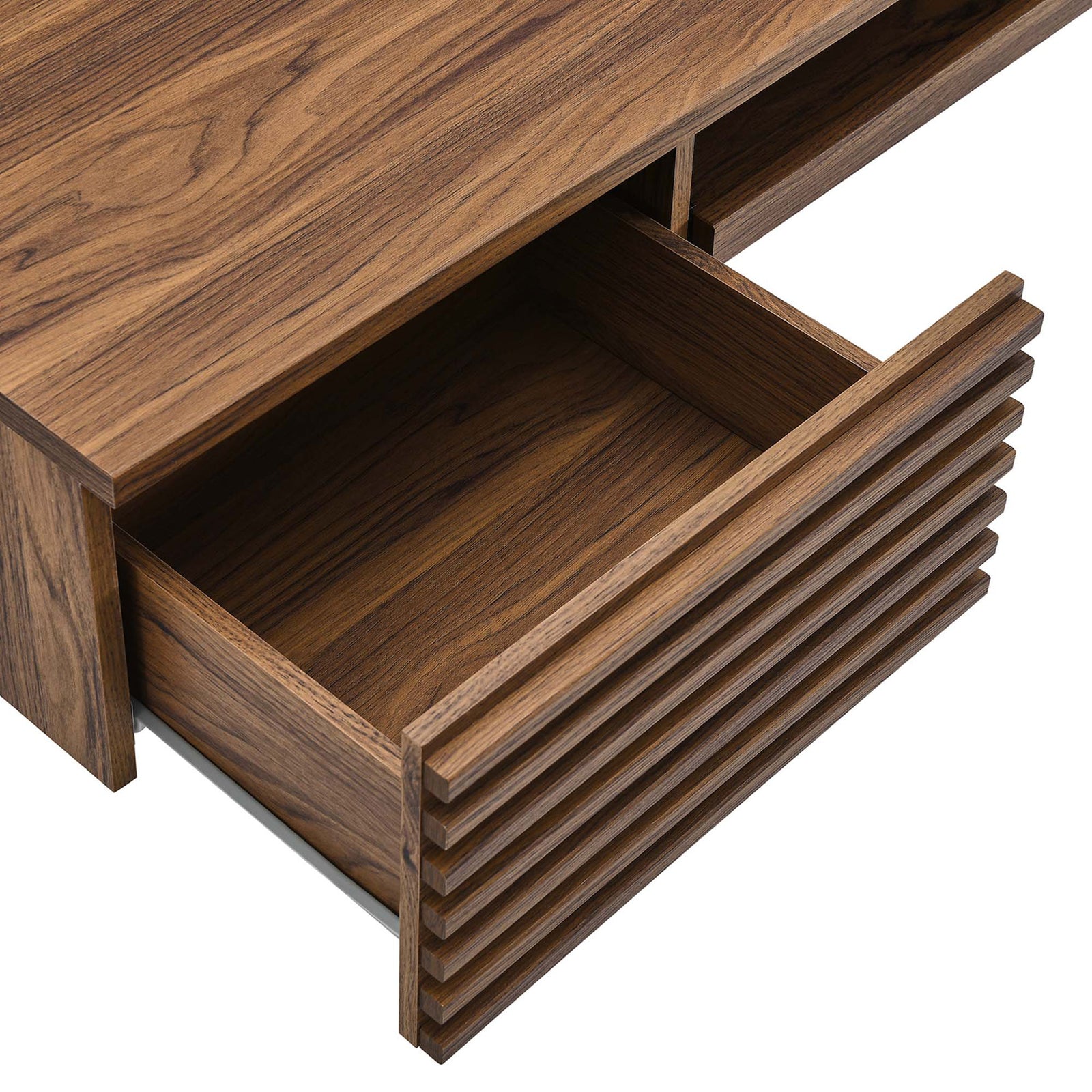 Full-extension drawer reveals generous storage with a clean, modern slatted face. || EEI-5865-WAL || storage_open_studio