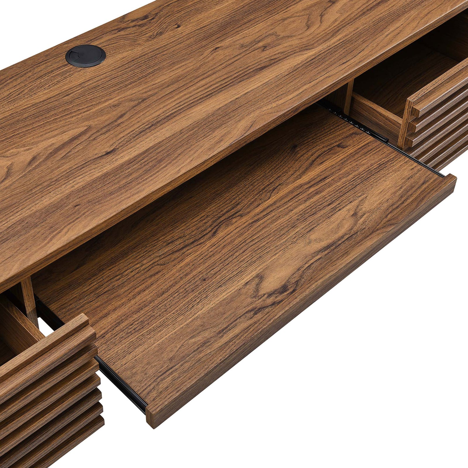 Smooth-glide keyboard tray extends to create an ergonomic typing surface beneath the top. || EEI-5865-WAL || storage_open_studio