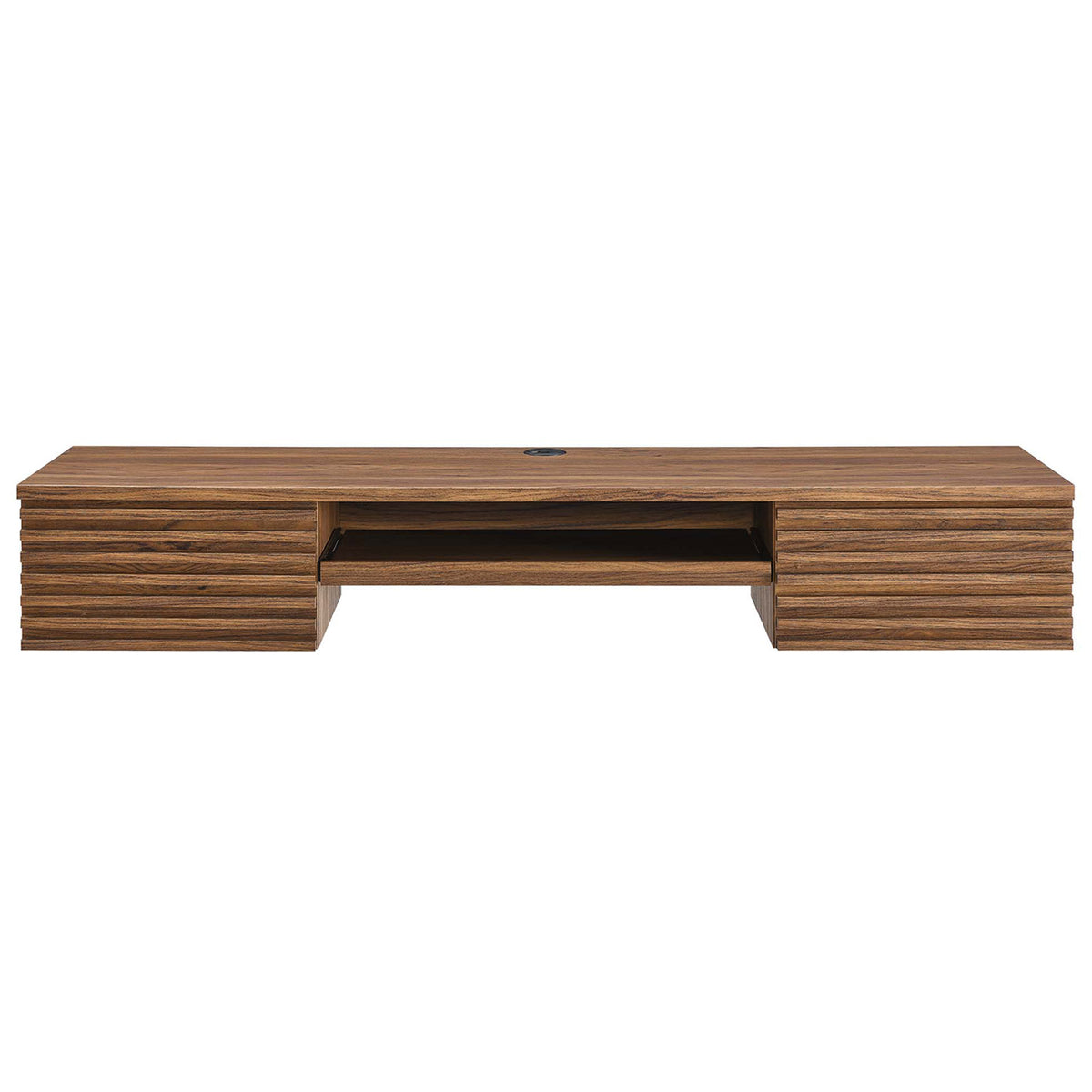 Mid-century wall-mount desk with slatted drawers, open shelf, and walnut wood grain finish. || EEI-5865-WAL || front_studio