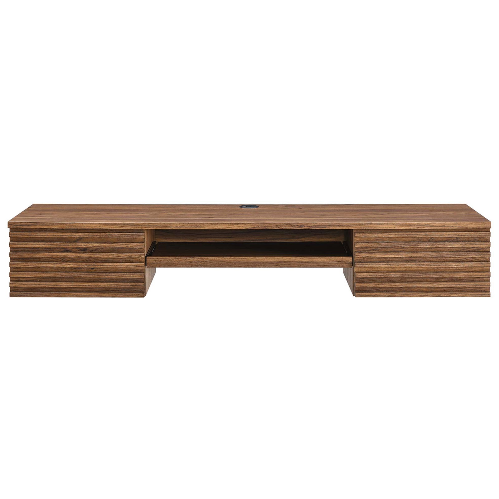 Mid-century wall-mount desk with slatted drawers, open shelf, and walnut wood grain finish. || EEI-5865-WAL || front_studio
