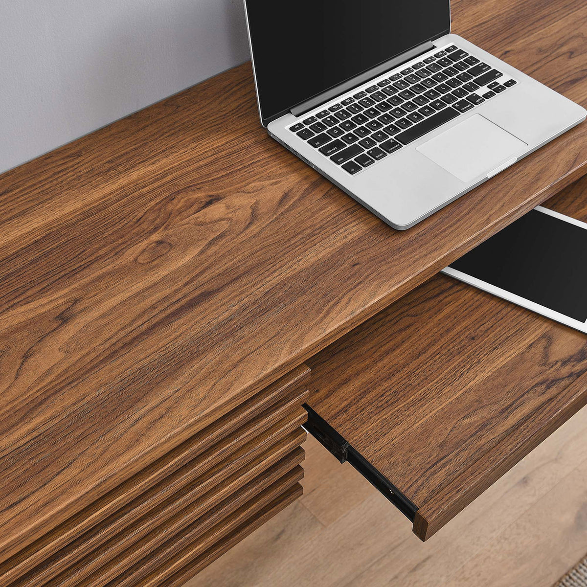 Pull-out keyboard tray and ample storage keep essentials handy while maintaining a clean look. || EEI-5865-WAL || storage_open_room
