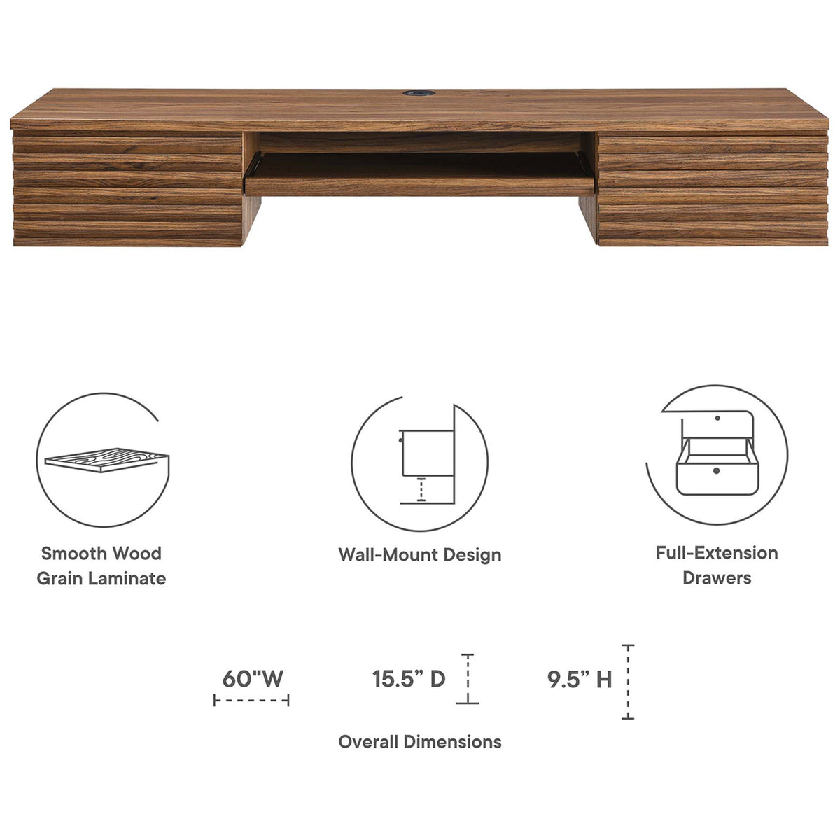 Key features and overall dimensions for the Render wall-mount desk in walnut finish. || EEI-5865-WAL || dimension_studio